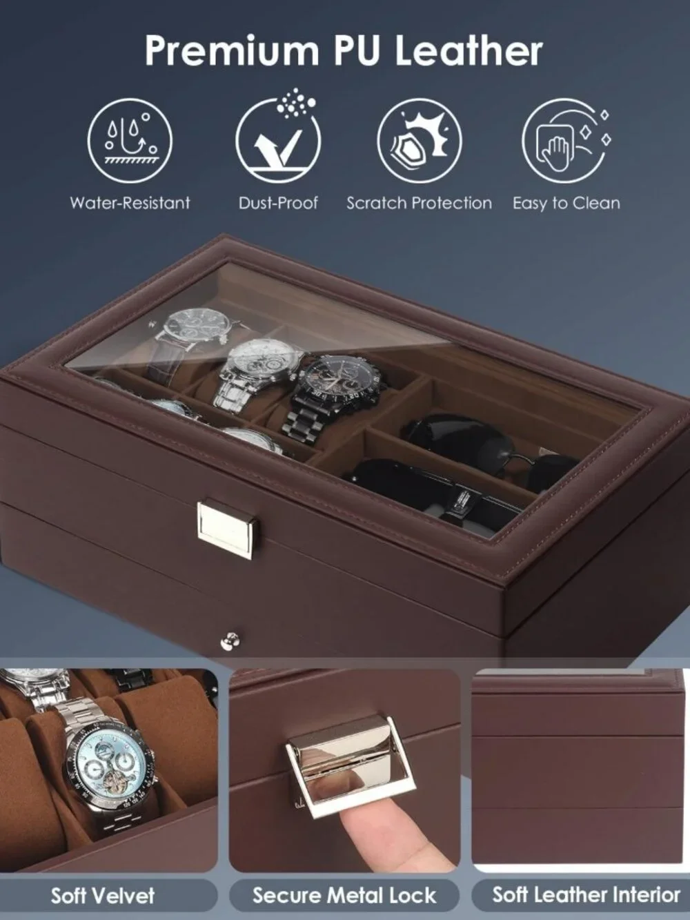 6-Slot Watch Jewelry Box Organizer with Glass Lid, Men's Storage Case & Lock